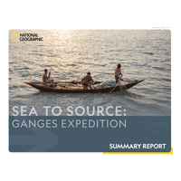 Women on sea expedition to track plastic pollution. Text: Sea to Source: Ganges Expedition. Summary Report cover.