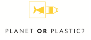 Planet or Plastic? Yellow fish emerges from square and becomes a plastic bottle. National Geographic logo.