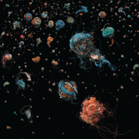 A constellation of nestlike balls of discarded fishing line swirl in the black of the ocean