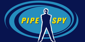 Pipe Spy logo. Spy guy standing inside whirling spiral